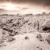 A covering of snow the day after Christmas in the Alabama Hills of the Sierra. A rabbit beat me out of bed for the sunrise.